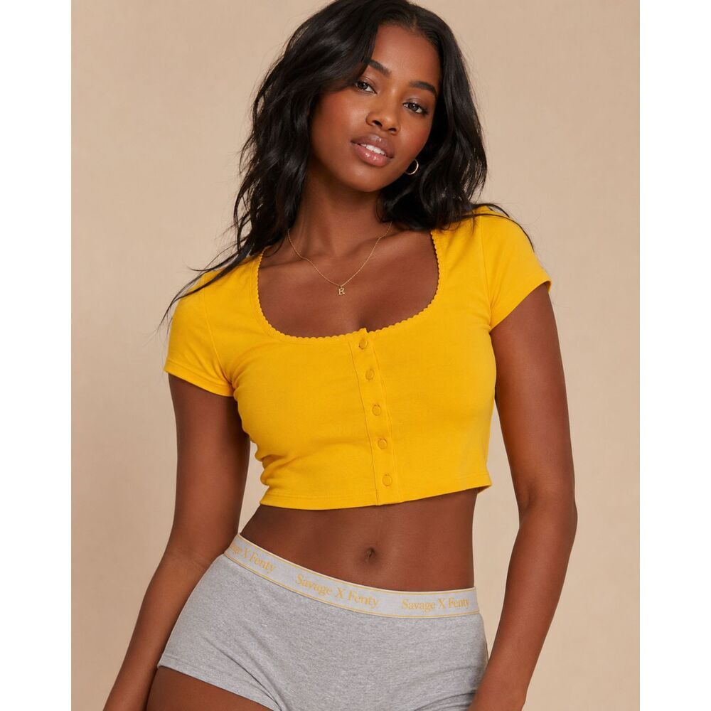 Savage X Fenty Cotton Jersey Crop Top Yellow Mustard Size Medium Cozy Loungewear